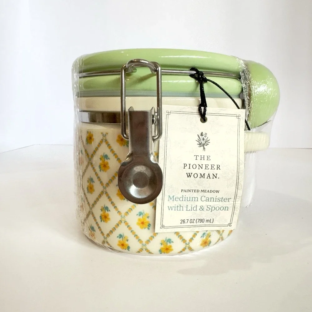 Pioneer Woman Medium Stoneware Canister w/ Lid & Spoon Painted Meadow New Sealed